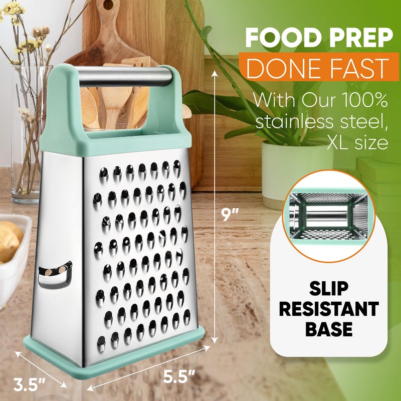 Spring Chef Professional Cheese Grater - Stainless Steel Box Grater for Kitchen, XL Size - Perfect 4 Sided Shredder for Parmesan Cheese, Vegetables, Ginger - Dishwasher Safe - Mint - Image 4